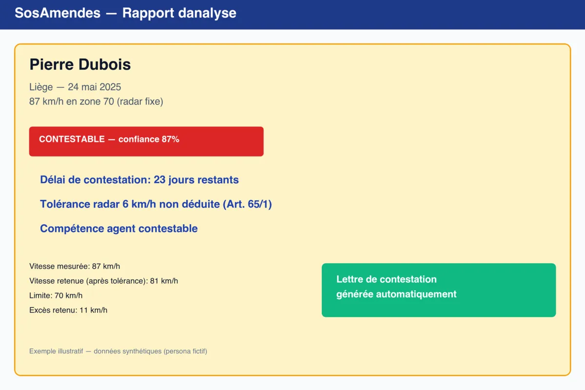 Exemple de rapport d'audit SosAmendes — anomalies détectées : délai de contestation 23 jours restants, tolérance radar 6 km/h non déduite (Article 65/1), compétence agent contestable.